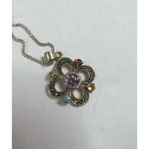 NEW Sterling Silver Italy Gemstone Marcasite Pendant Necklace  20” L